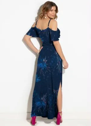 Quintess - Vestido Floral Marinho com Fenda Ombros Vazados - QUINTESS