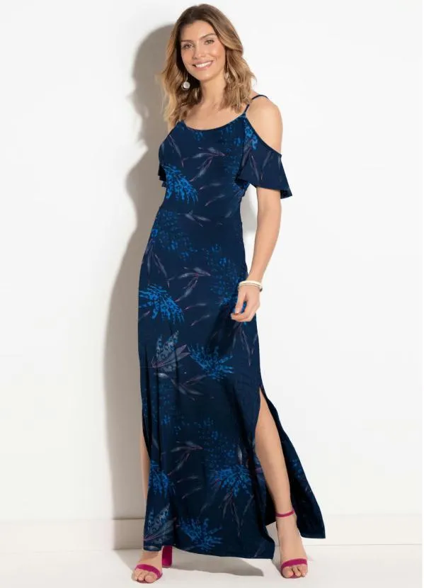 Quintess - Vestido Floral Marinho com Fenda Ombros Vazados