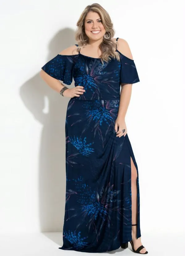 Quintess - Vestido Floral Marinho com Fenda Ombros Vazados