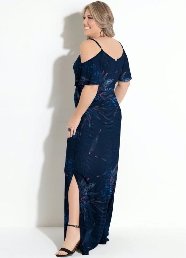 Quintess - Vestido Floral Marinho com Fenda Ombros Vazados 4