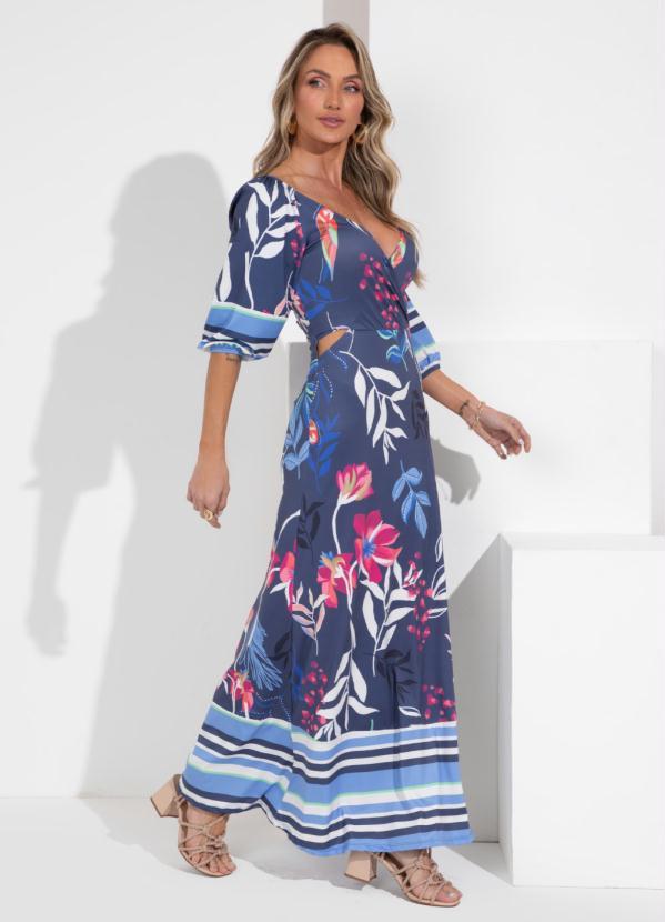 Outlet - Vestido Floral Marinho com Recortes Vazados 3