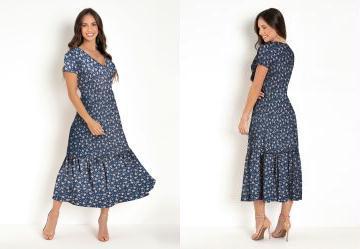 Vestido Floral Marinho Manga Curta e Babado Barra