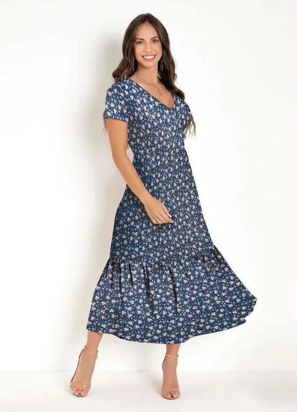 Moda Pop - VestidoFloral Marinho Manga Curta e Babado Barra