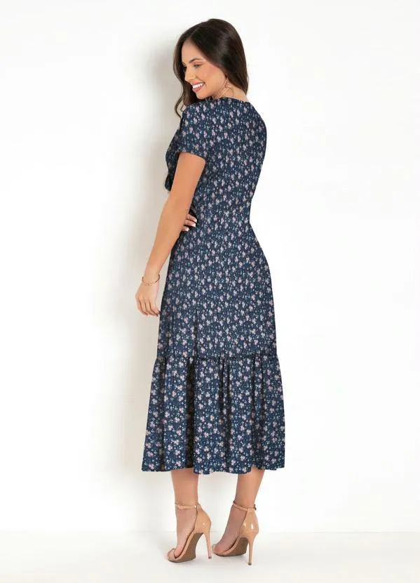 Moda Pop - VestidoFloral Marinho Manga Curta e Babado Barra 2