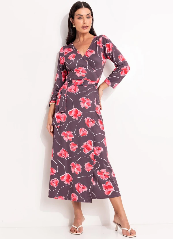 Quintess - Vestido Floral Marrom em Malha Fria