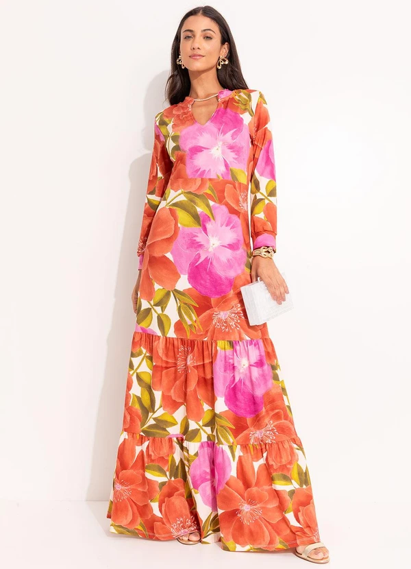 Quintess - Vestido Floral Maxi em Malha Fria