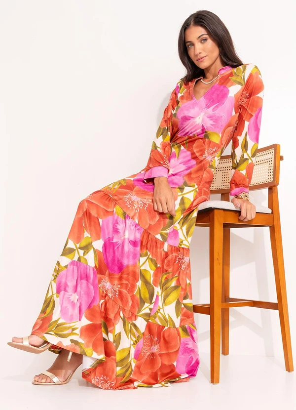 Quintess - Vestido Floral Maxi em Malha Fria