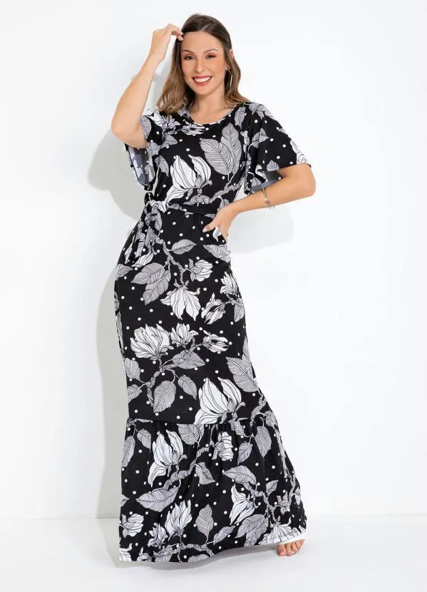 Vestido Floral Preta com Faixa Moda Pop