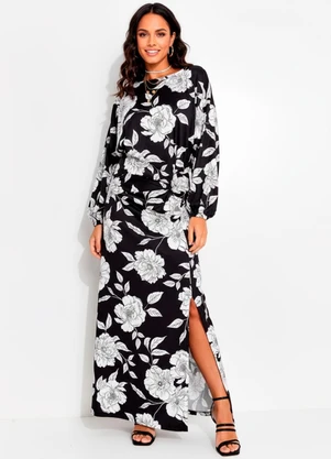 Quintess - Vestido Floral Preto e Branco em Malha Fria - QUINTESS