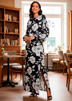 Quintess - Vestido Floral Preto e Branco em Malha Fria - QUINTESS