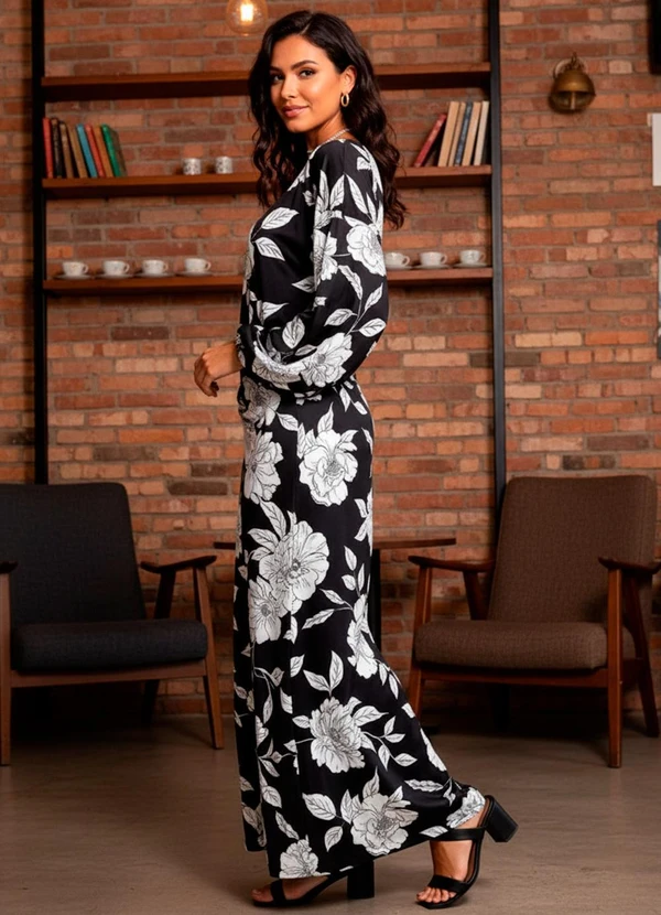 Quintess - Vestido Floral Preto e Branco em Malha Fria 3
