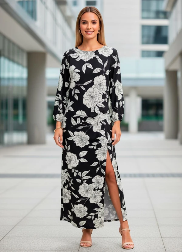 Quintess - Vestido Floral Preto e Branco em Malha Fria 4