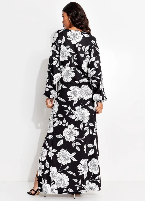 Quintess - Vestido Floral Preto e Branco em Malha Fria