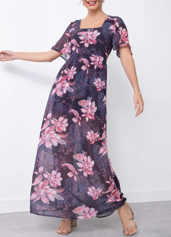 Quintess - Vestido Floral Preto em Chiffon com Bolsos