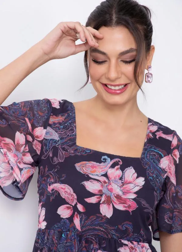 Quintess - Vestido Floral Preto em Chiffon com Bolsos 2