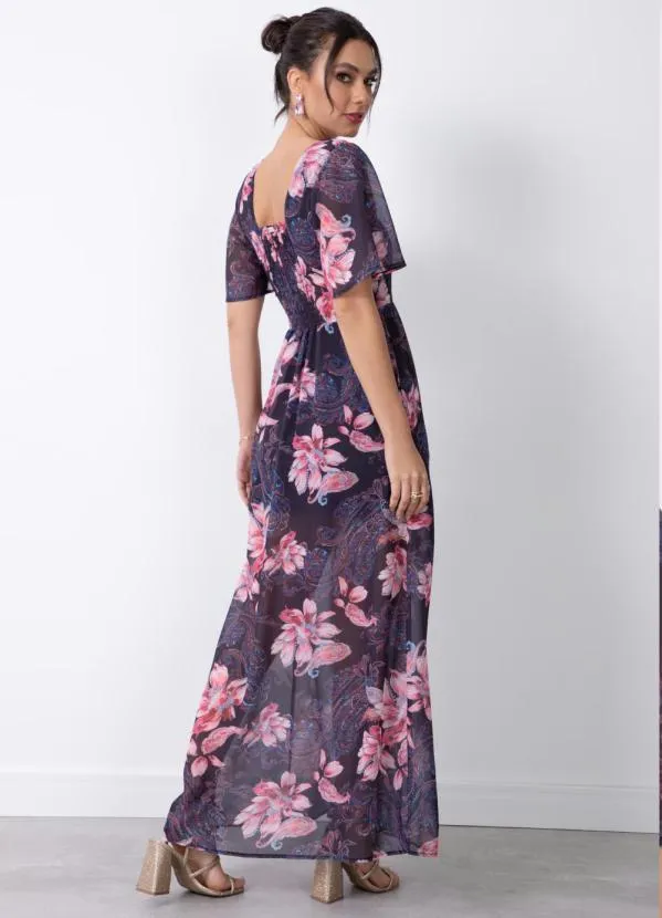 Quintess - Vestido Floral Preto em Chiffon com Bolsos 3