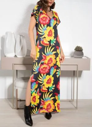 Quintess - Vestido Floral Preto em Malha Crepe - QUINTESS