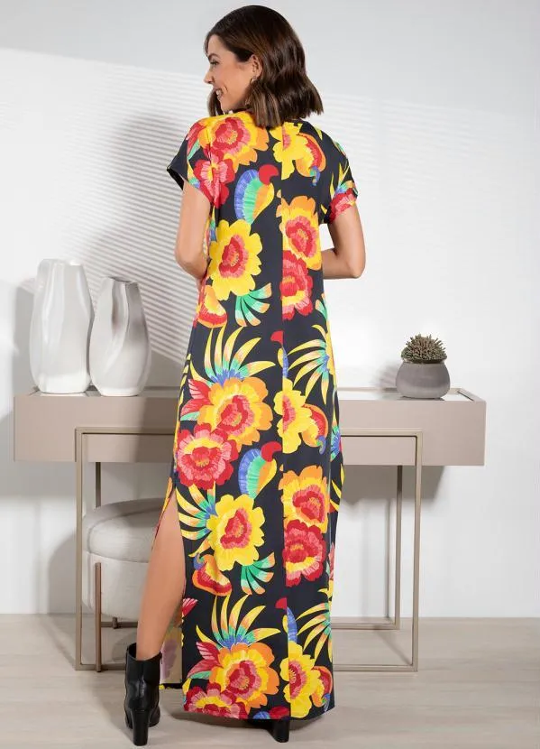 Quintess - Vestido Floral Preto em Malha Crepe