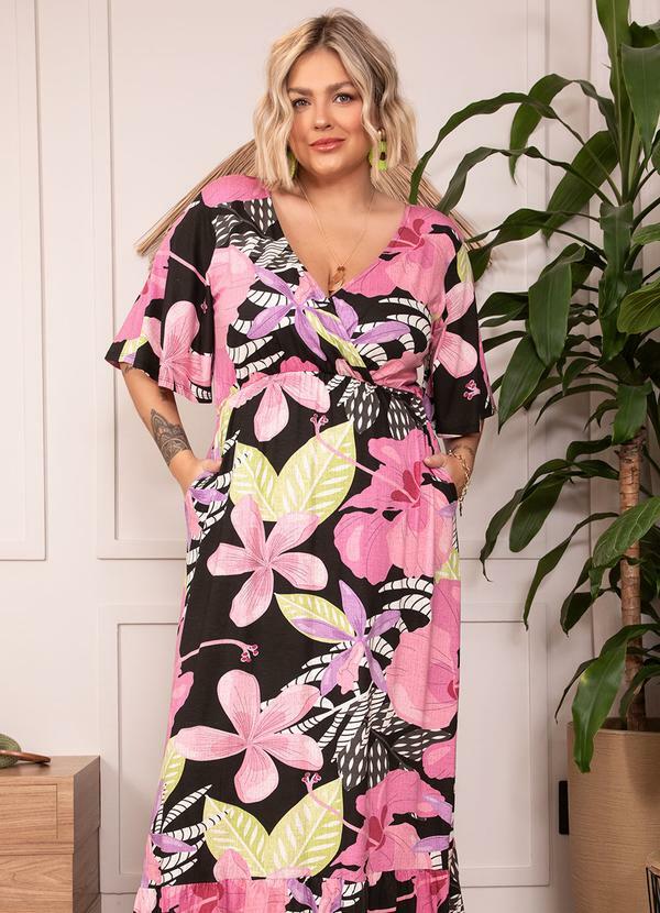 Quintess - Vestido Floral Preto em Malha de Viscose