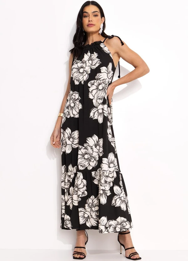 vestido floral vestido longo preto viscose