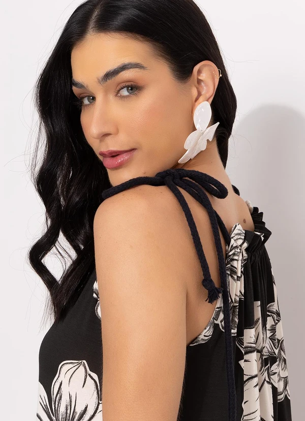 Quintess - Vestido Floral Preto em Malha de Viscose