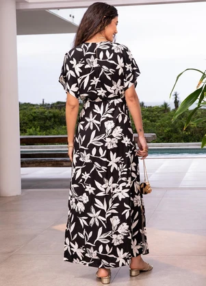 Quintess - Vestido Floral Preto em Viscose Plana - QUINTESS