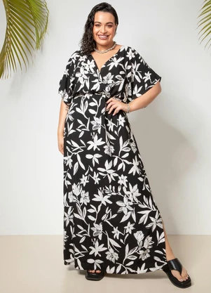 Quintess - Vestido Floral Preto em Viscose Plana - QUINTESS