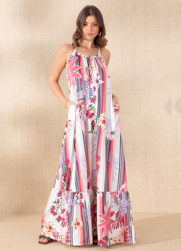 Vestido (Floral Rosa) com Bolsos Funcionais