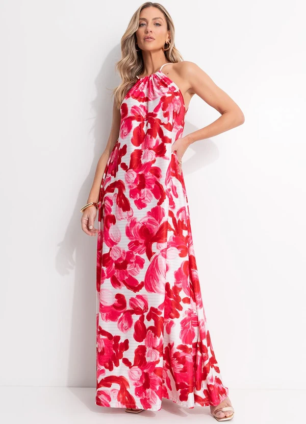 Quintess - Vestido Longo Floral Soltinho com Decote Halter e Amarração