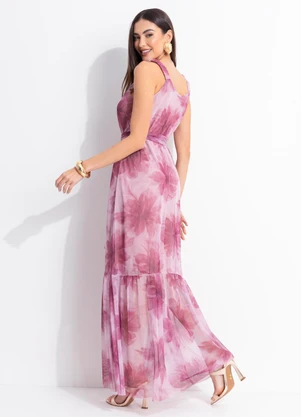 Quintess - Vestido Floral Rosa em Tule - QUINTESS
