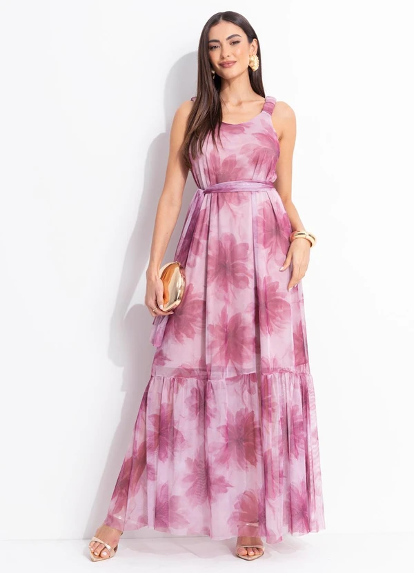 Quintess - Vestido Floral Rosa em Tule