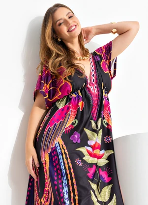 Quintess - Vestido Floral Tropical em Malha Fria - QUINTESS