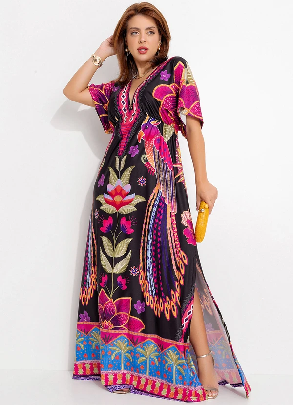 Quintess - Vestido Floral Tropical em Malha Fria