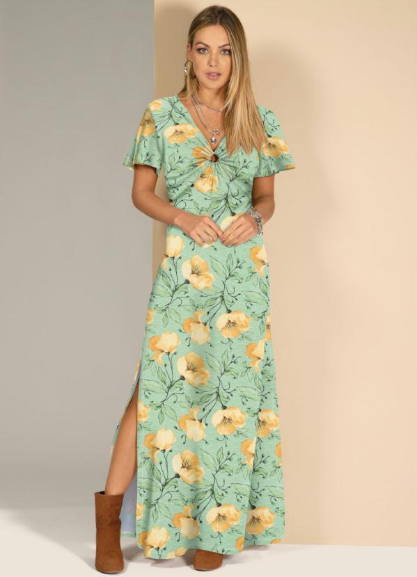 Quintess - Vestido Floral Verde com Detalhe de Argola