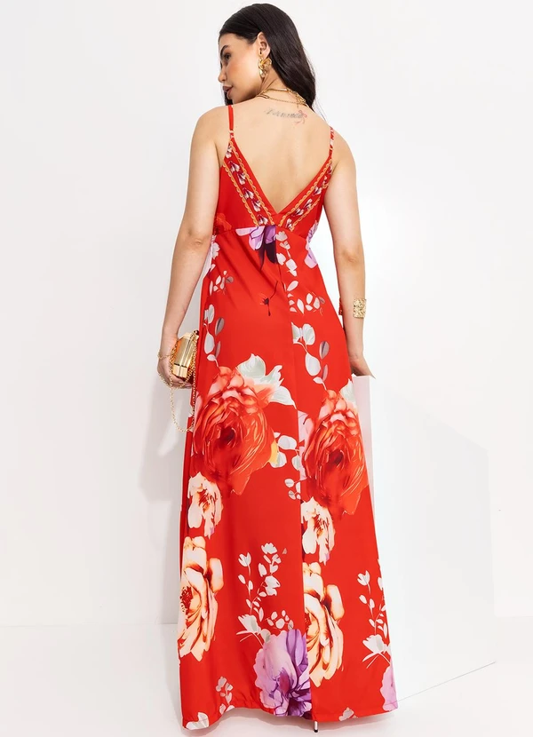 Quintess - Vestido Floral Vermelho em Crepe Plano 3