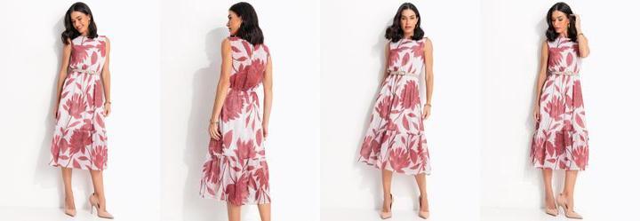 Vestido Floral Vermelho em Tecido Chiffon