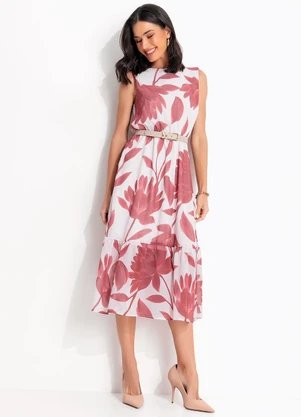 Quintess - Vestido Floral Vermelho em Tecido Chiffon - QUINTESS