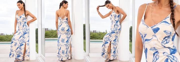 Vestido Folhagem Azul em Malha de Viscose