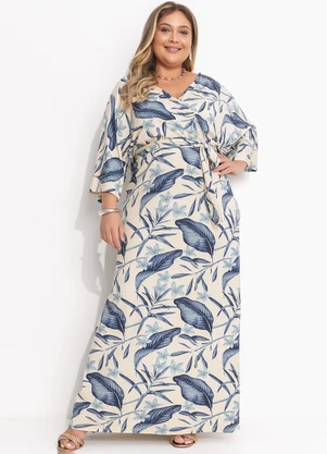 Quintess - Vestido Folhagem Azul em Malha de Viscose - QUINTESS