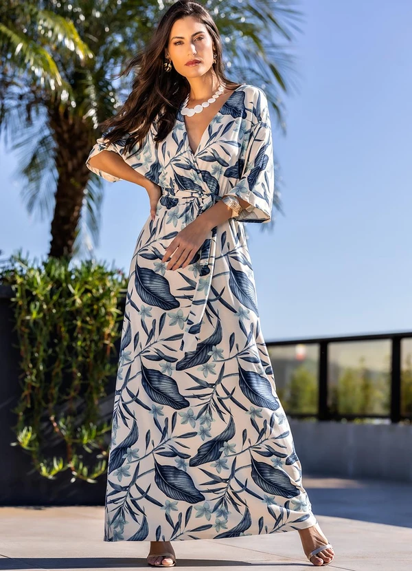 Quintess - Vestido Folhagem Azul em Malha de Viscose 6