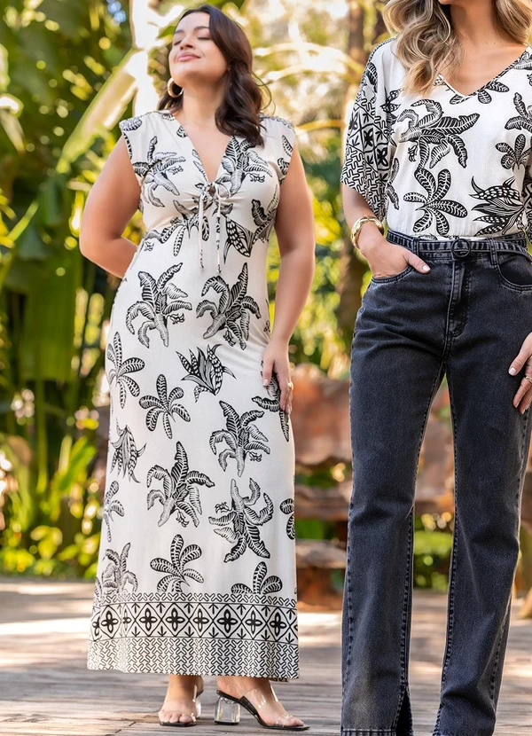 Quintess - Vestido Folhagem Barrada em Malha de Viscose 9
