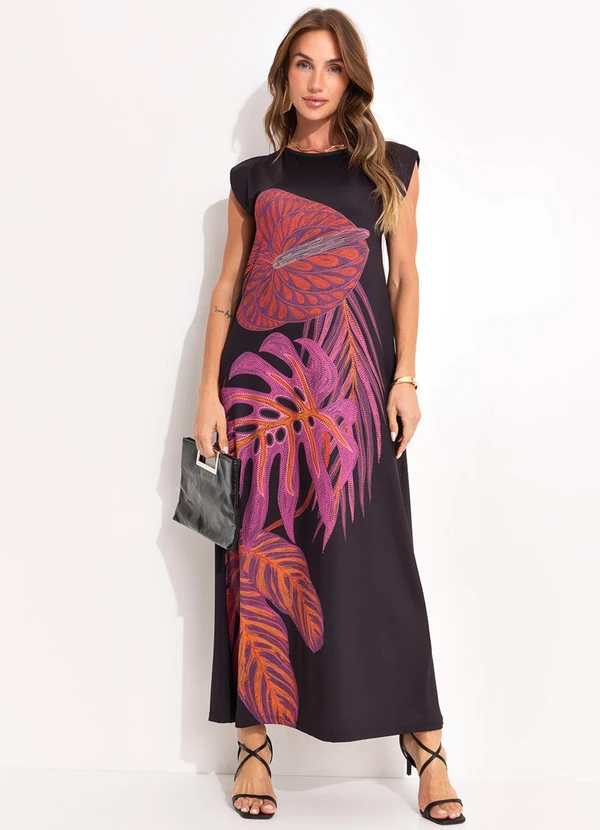 Quintess - Vestido Folhagem Bordada Localizada em Malha Fri