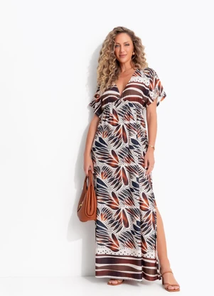 Quintess - Vestido Folhagem com Barrado em Malha Texturizada - QUINTESS