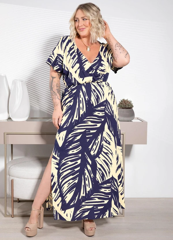 Quintess - Vestido Folhagem Marinho Longo com Fendas 7