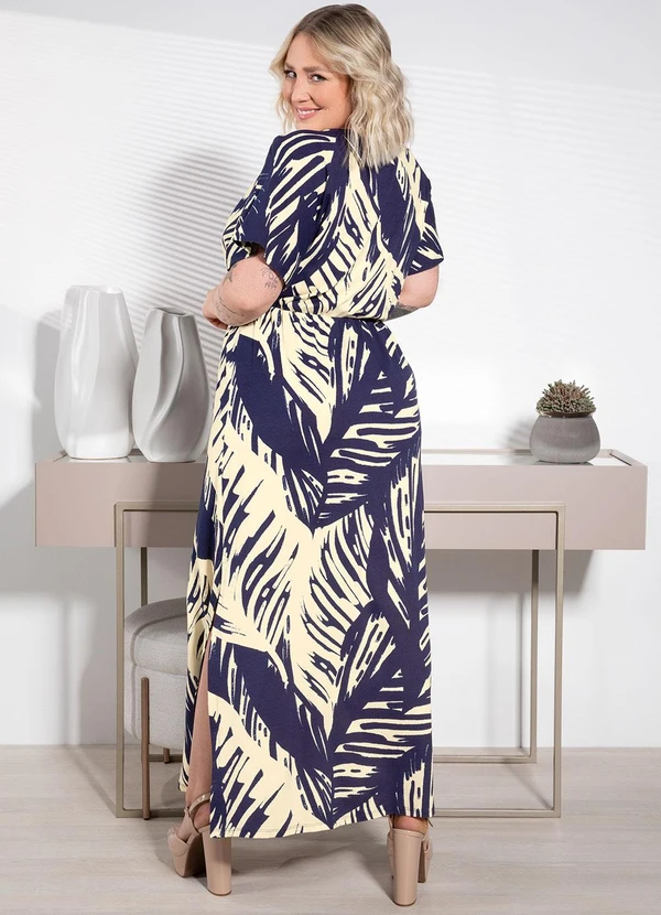 Quintess - Vestido Folhagem Marinho Longo com Fendas