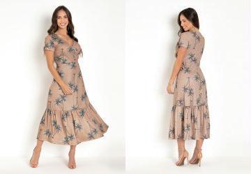 Vestido Folhagem Nude Manga Curta e Babado Barra