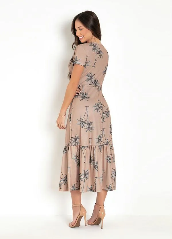 Moda Pop - Vestido Folhagem Nude Manga Curta e Babado Barra 2