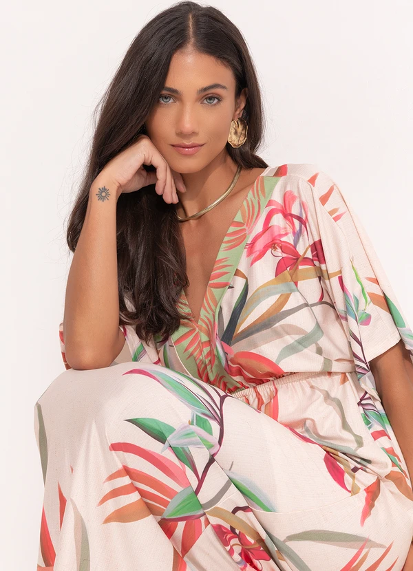 Quintess - Vestido Folhagem Off White em Malha Fria