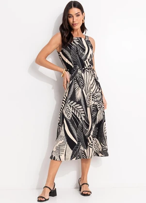 Quintess - Vestido Folhagem Preto em Canelado - QUINTESS