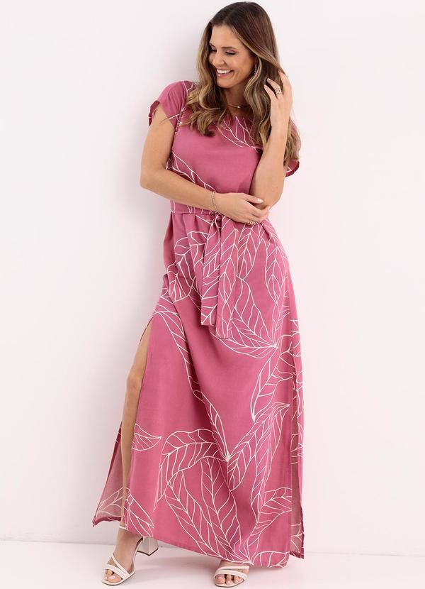 Vestido (Folhagem Rosa) Longo com Amarrao